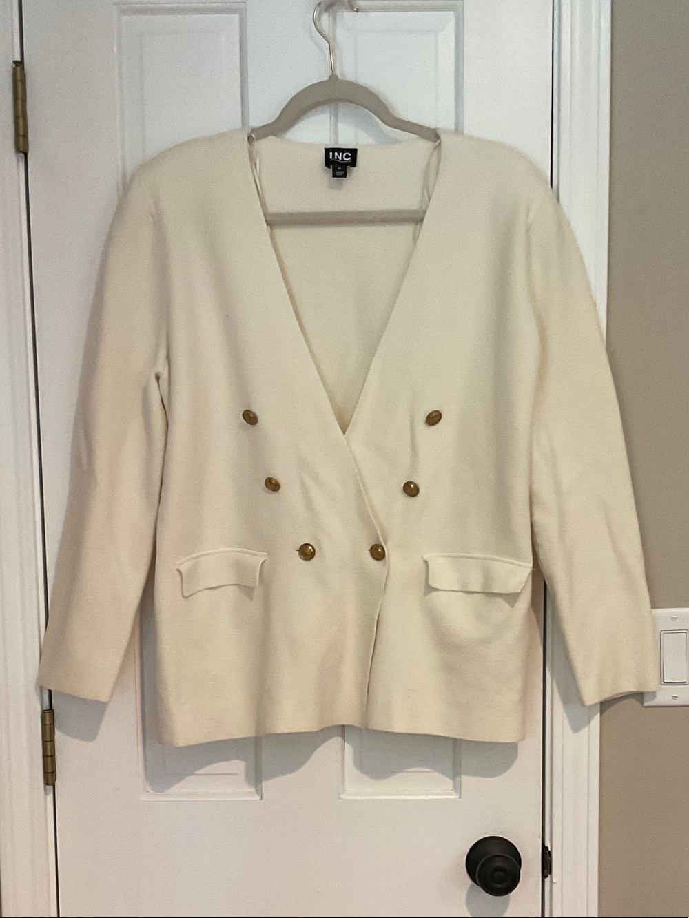 INC International Concepts Ivory Double-Breasted Blazer with Gold Buttons